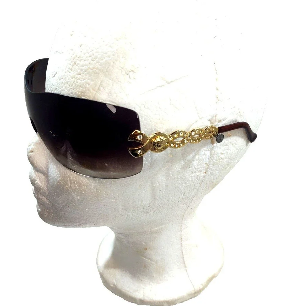 Vintage Y2K Versace 2043-B  Brown Rhinestone Rimless Shield Sunglasses Scratched